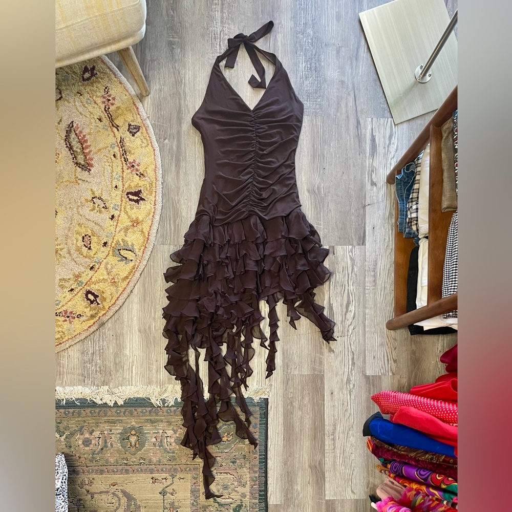 VTG Y2K BCBG MAXAZRIA Brown Ruched Halter Chiffon Ribbon Asymmetrical Dress - Picture 15 of 16